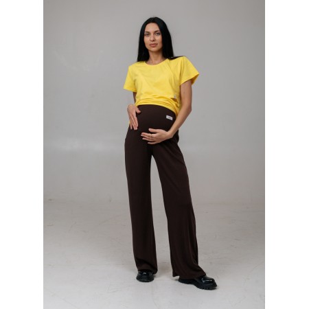  Женские брюки палаццо в рубчик для беременных | С регулировкой по животу | Украинское производство Коричневые